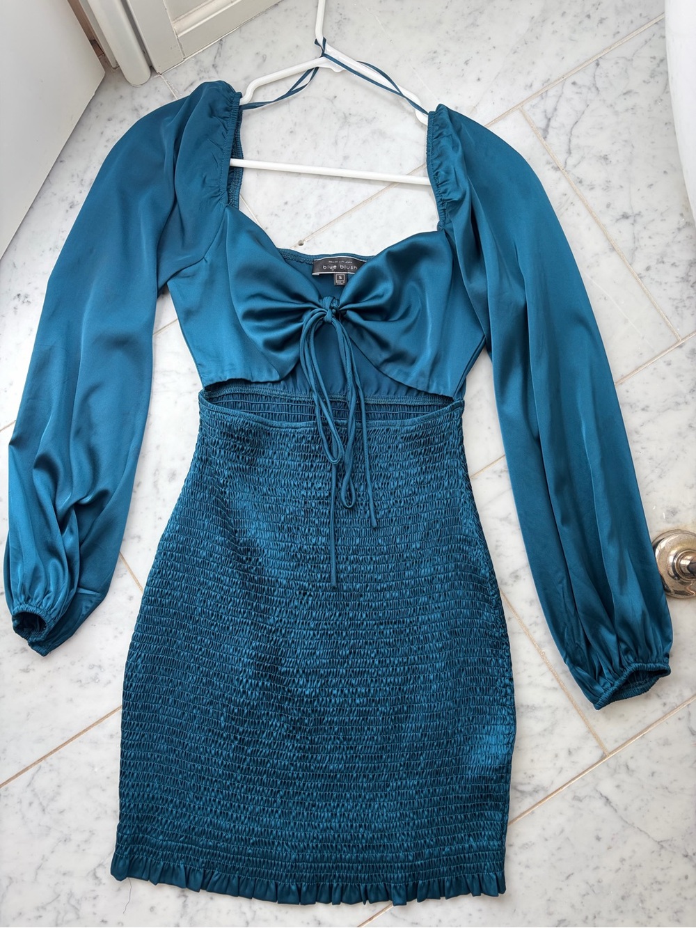 Blue Blush Teal Satin Long-Sleeve Smocked Bodycon Dress